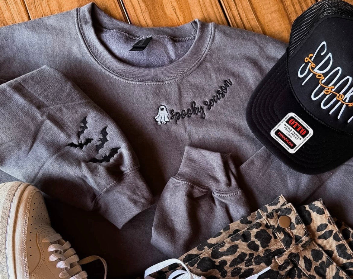 Grey Spooky Season Embroidered Sweatshirt