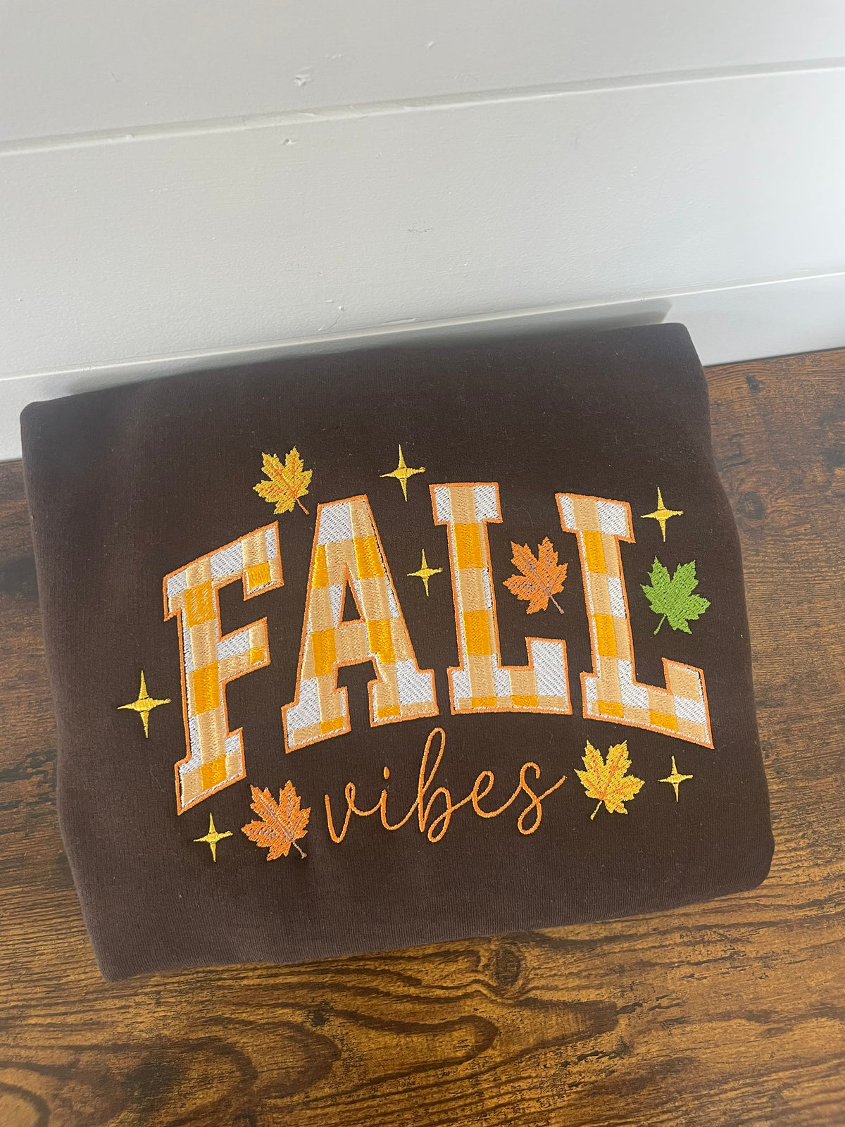 Fall Vibes Gingham Embroidered Dark Chocolate Crewneck