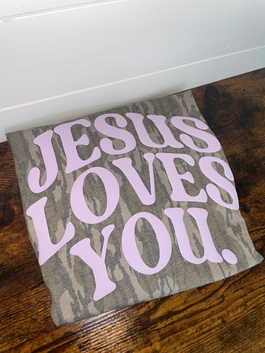 Jesus Loves You Mossy Oak Shirt Violet Puff
