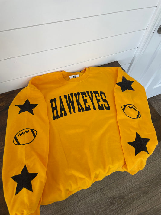 Gold Hawkeyes Football Glitter Sleeve Crewneck