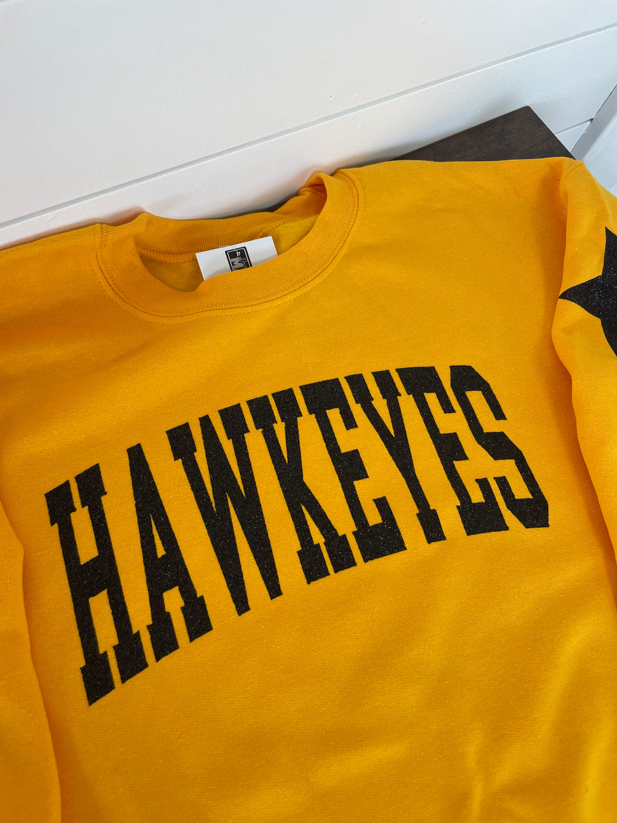 Gold Hawkeyes Football Glitter Sleeve Crewneck