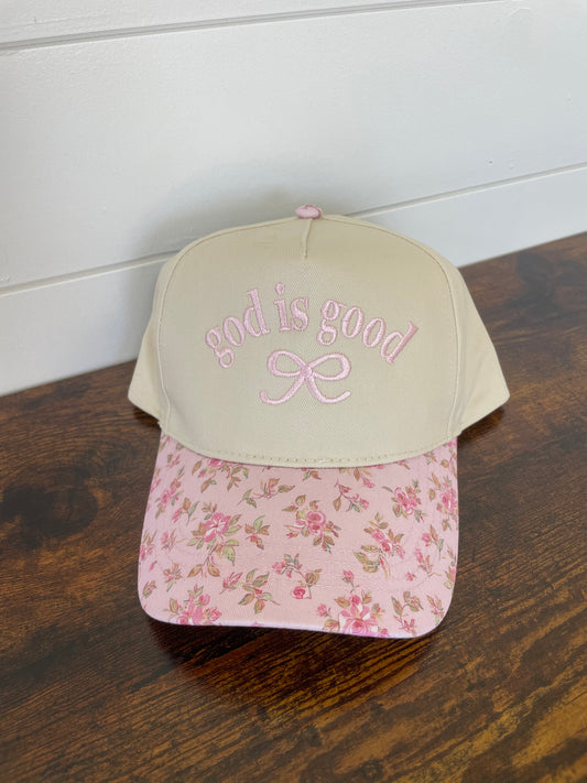 God is Good Embroidered Floral Print Hat
