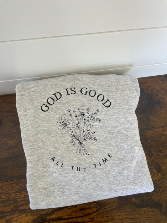 God is Good Embroidered Gildan Crewneck Sweatshirt