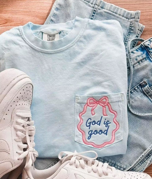 God Is Good Bow Embroidered Comfort Colors Pocket Tee