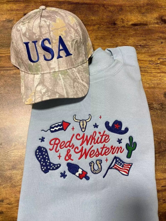 Sale Embroidered Red White & Western Gildan Crewneck