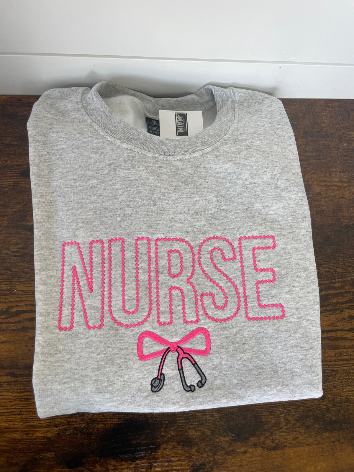 Nurse Pink Stethoscope Bow Embroidered Crewneck