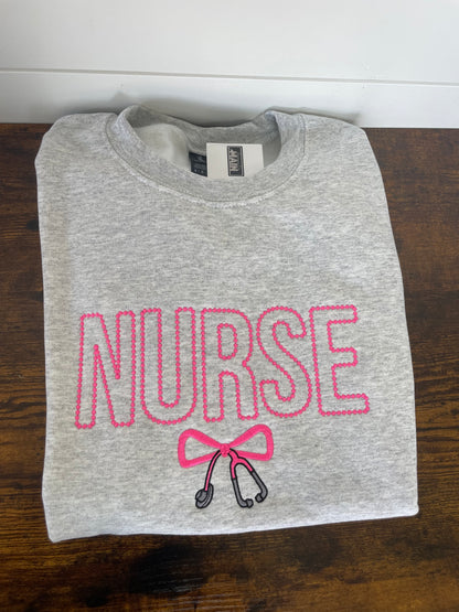 Nurse Pink Stethoscope Bow Embroidered Crewneck