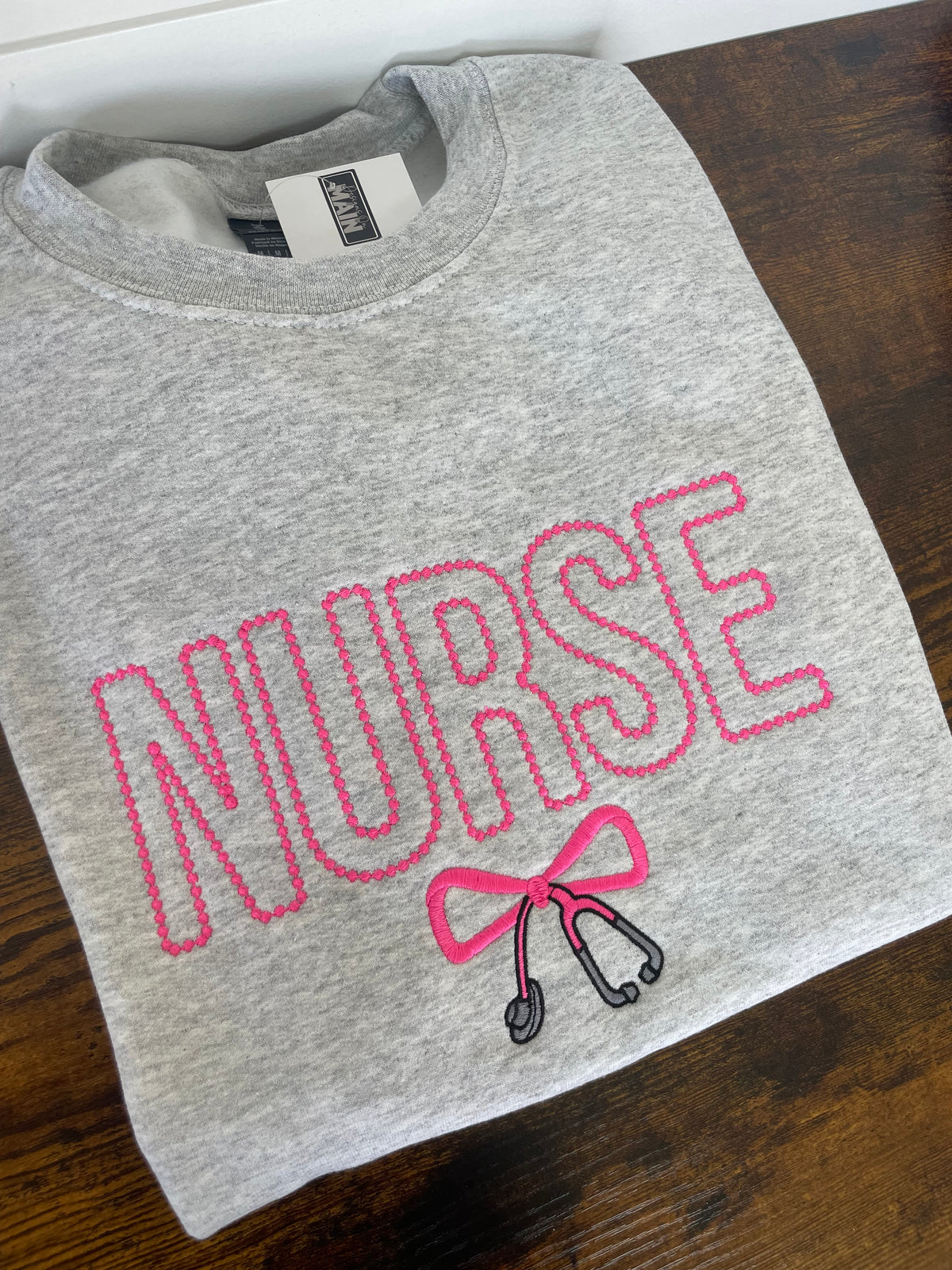 Nurse Pink Stethoscope Bow Embroidered Crewneck