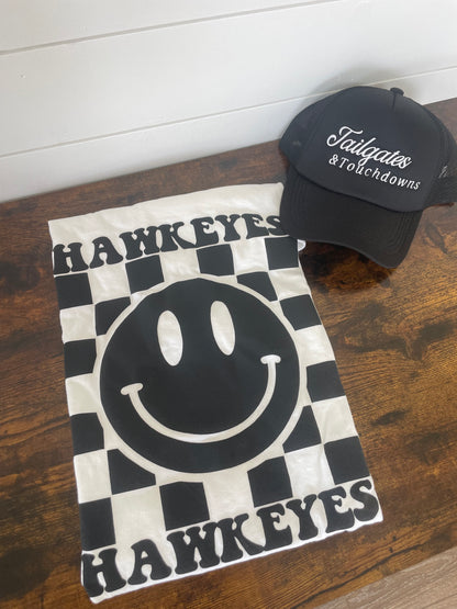 White Hawkeyes Puff Print Checkered Happy Face Shirt