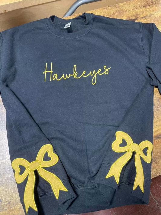 Hawkeyes Side Bows Black Embroidered Crewneck