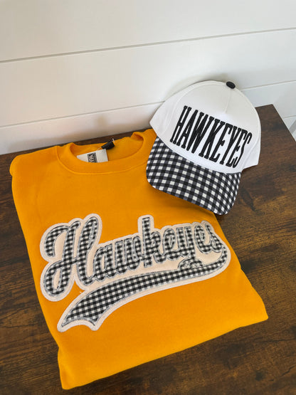 Gold Hawkeyes Gingham Embroidered Crewneck