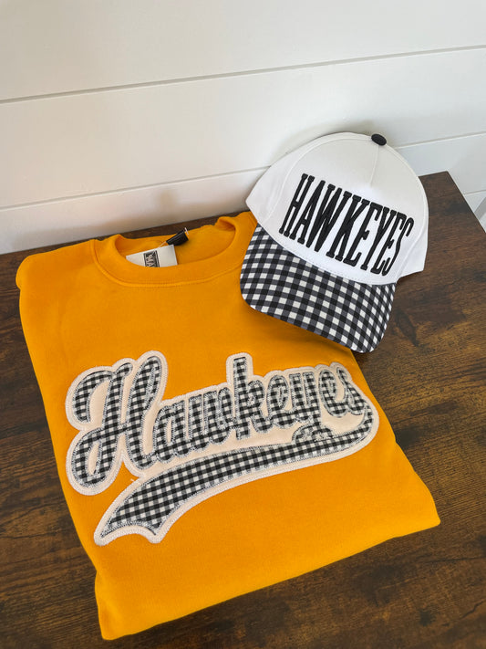 Gold Hawkeyes Gingham Embroidered Crewneck