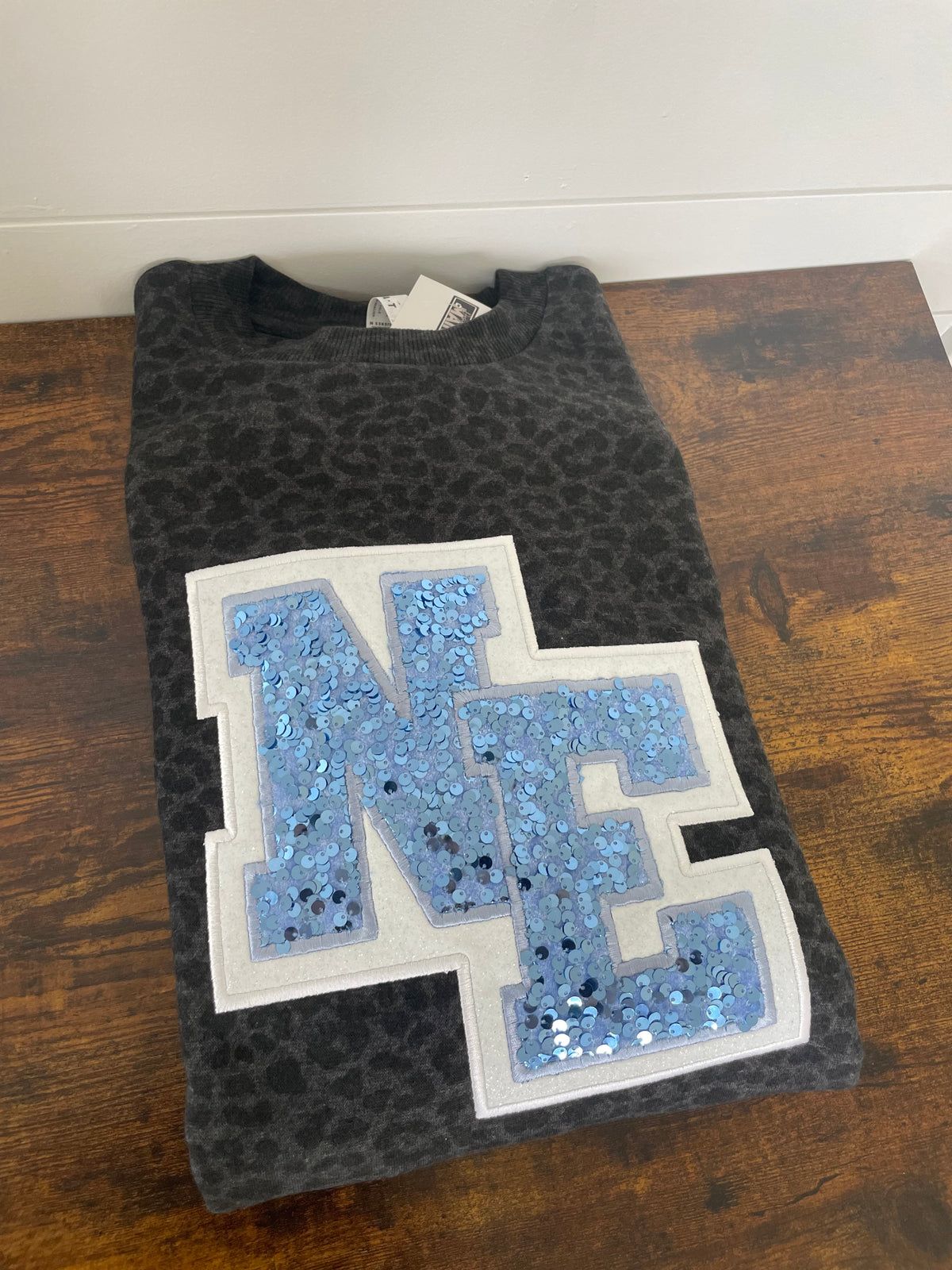 NE Sequins Black Animal/Leopard Embroidered Crewneck
