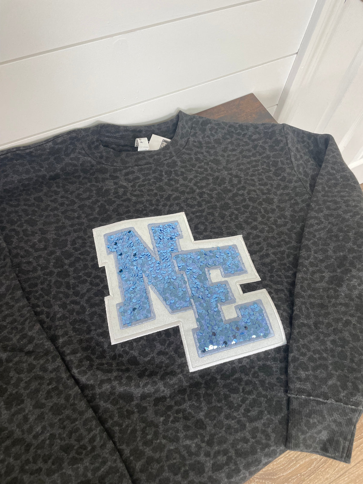 NE Sequins Black Animal/Leopard Embroidered Crewneck