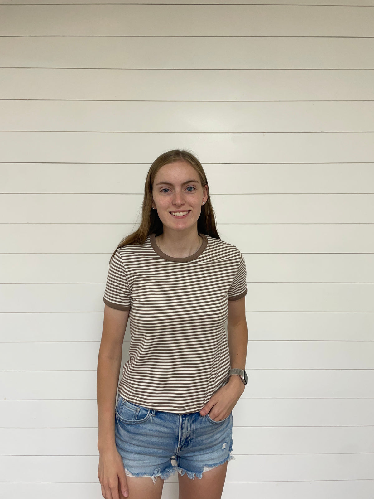 Brown Striped Contrast Trim Tee