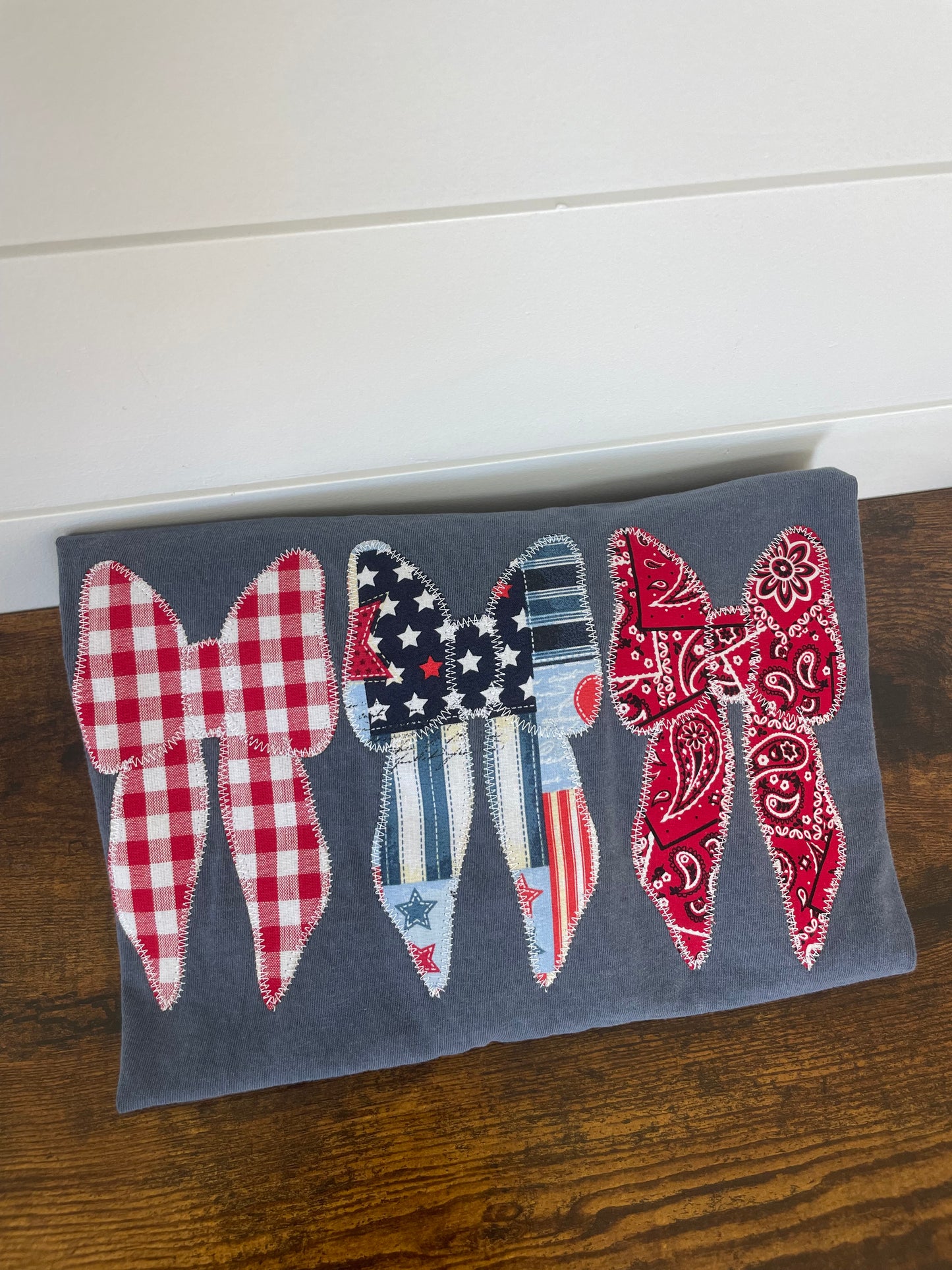 Blue Patriotic Embroidered Bow Shirt