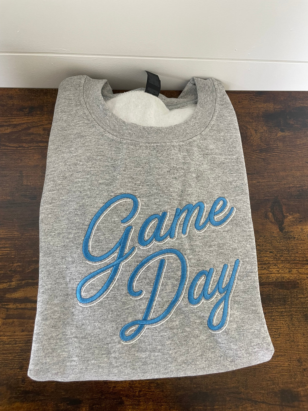Game Day Grey with Blue Embroidered Crewneck