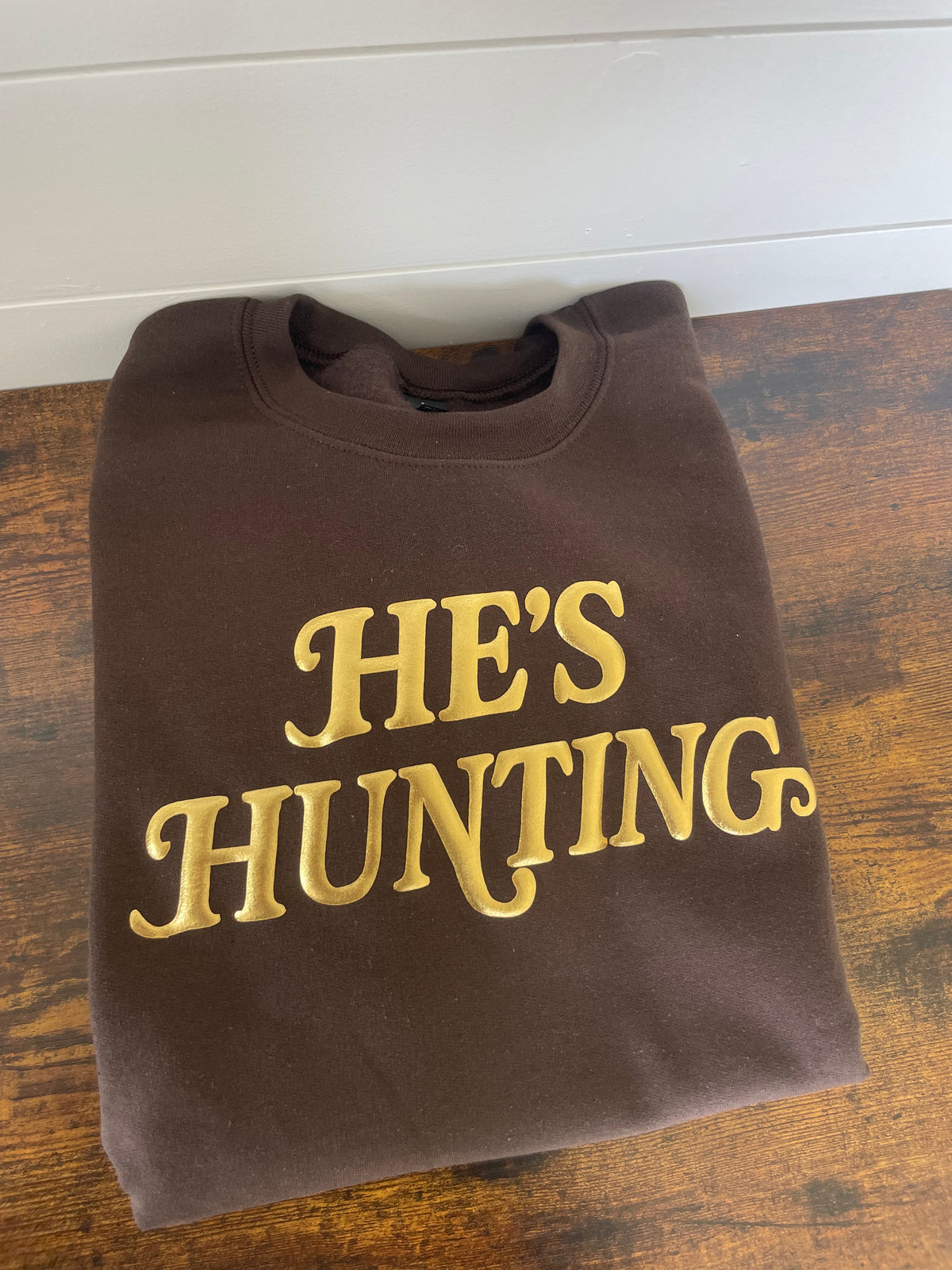He's Hunting Metallic Puff Crewneck