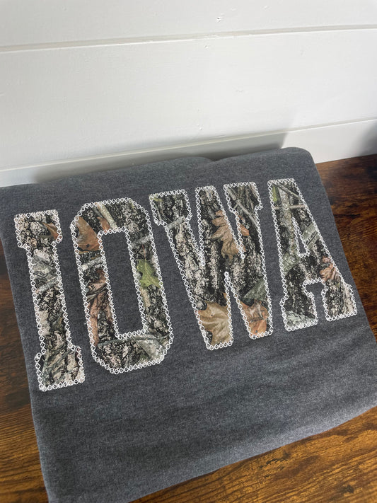 Iowa Camo Embroidered Grey Crewneck