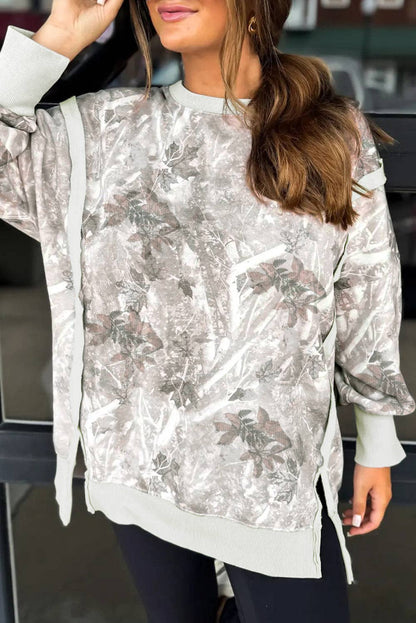 Gray Leafy Camo Print Exposed Seam Patchwork Slit Pullover