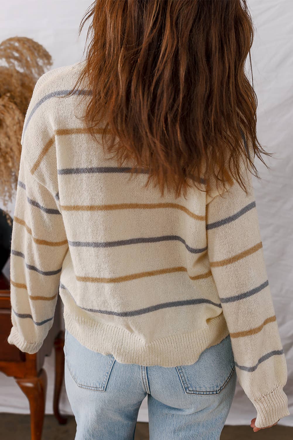 Striped Buttoned V Neck Cardigan Sweater