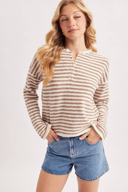 Brown Stripe Henley Knit Pullover