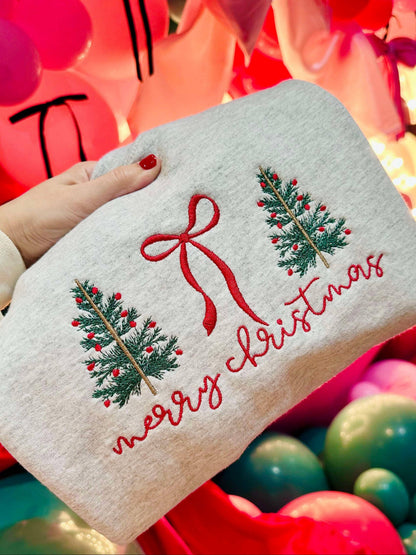 Merry Christmas Bow Trees Embroidered Crewneck