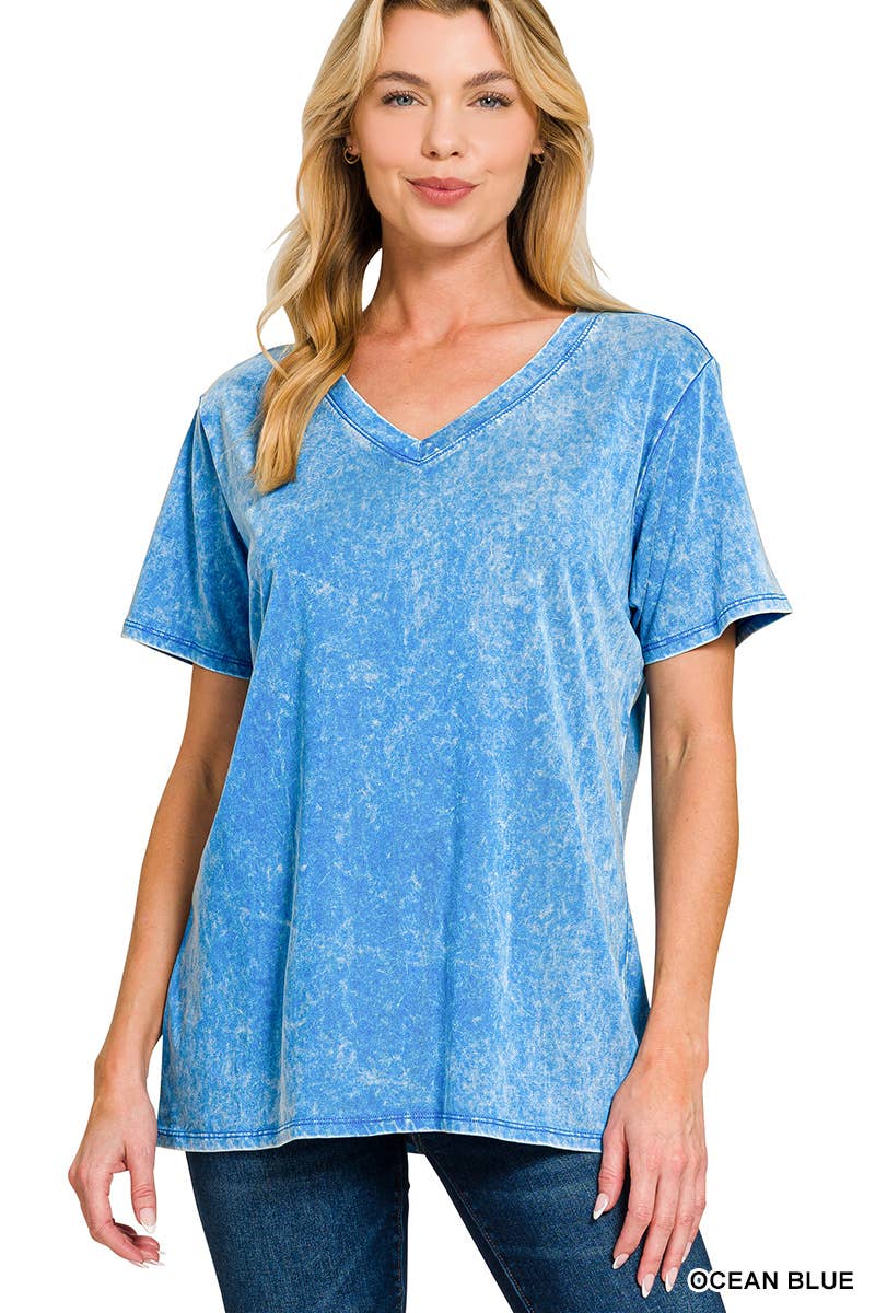 Washed Short Sleeve V-neck Top