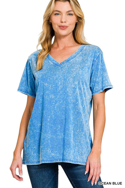 Washed Short Sleeve V-neck Top