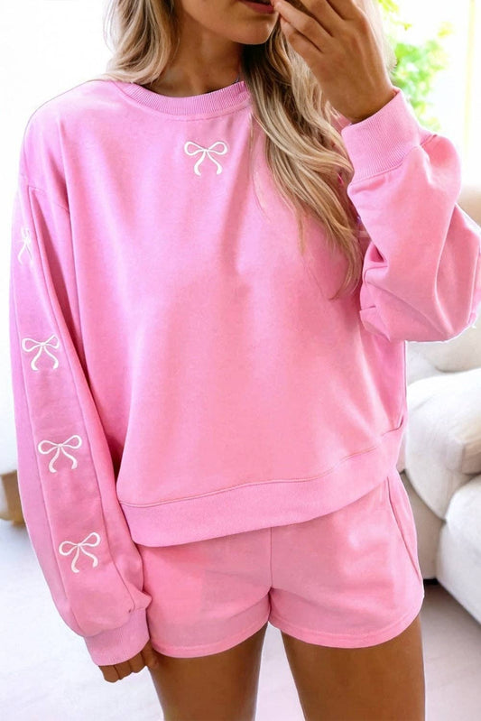 Bow Embroidered Detail Pullover Short Set
