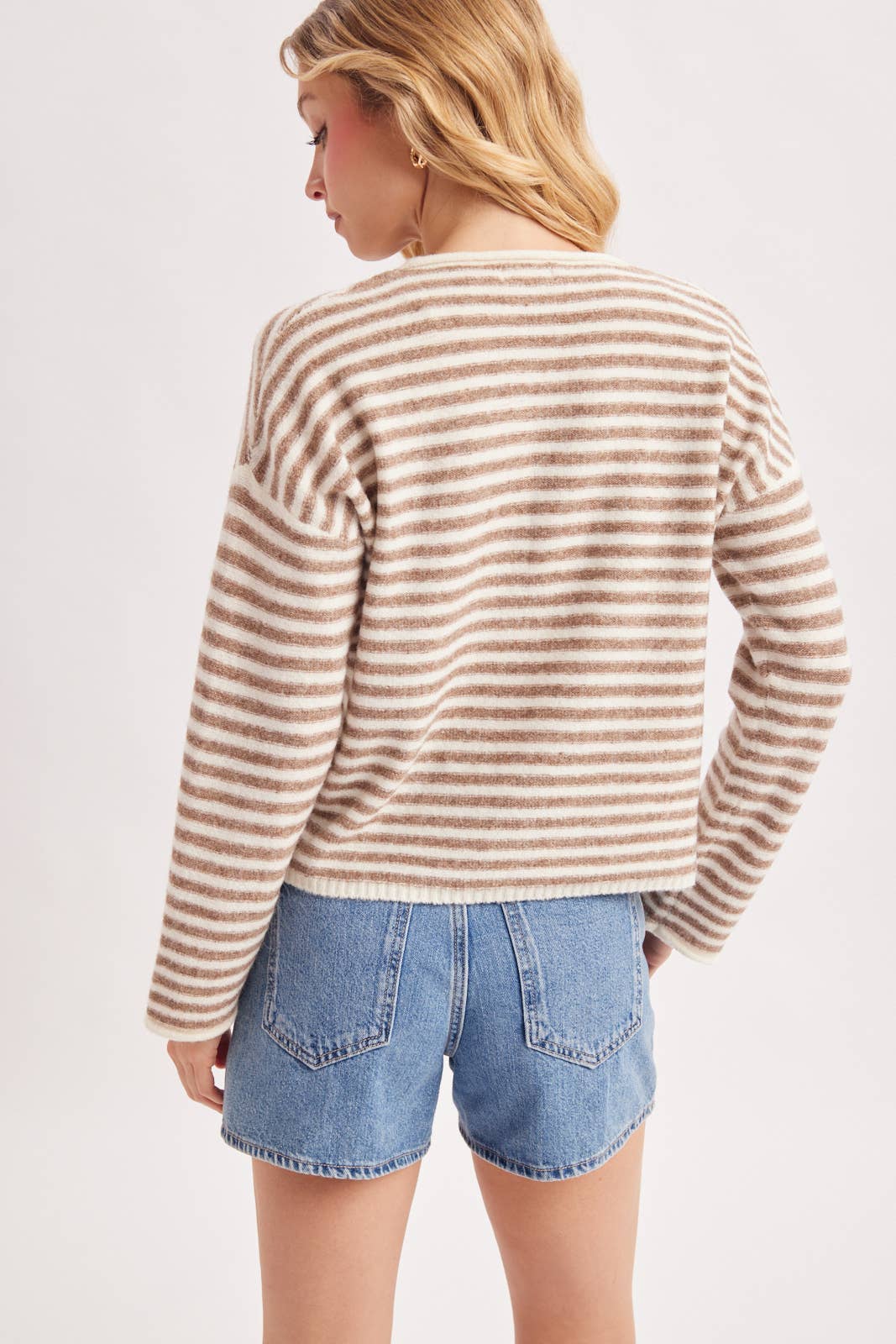 Brown Stripe Henley Knit Pullover