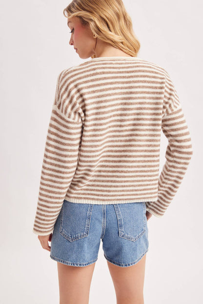 Brown Stripe Henley Knit Pullover