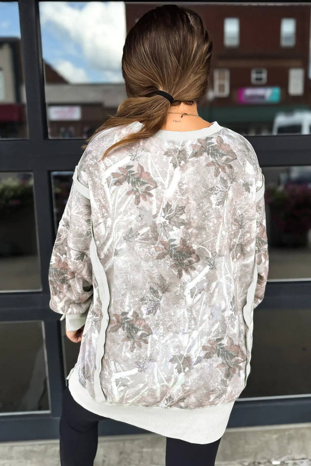 Gray Leafy Camo Print Exposed Seam Patchwork Slit Pullover