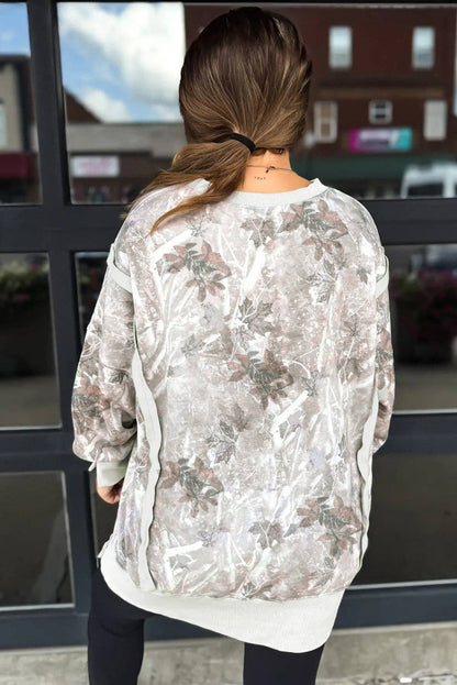 Gray Leafy Camo Print Exposed Seam Patchwork Slit Pullover
