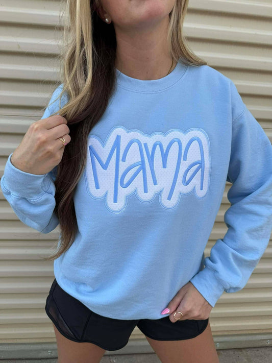 Mama Blue Polka Dot Embroidered Crewneck