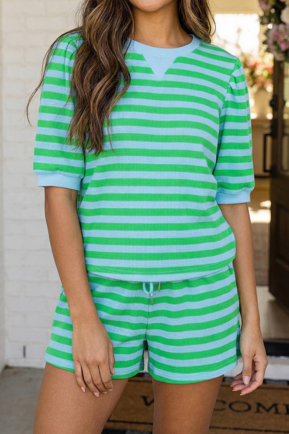 Stripe Puff Sleeve Shirt Matching Shorts Set
