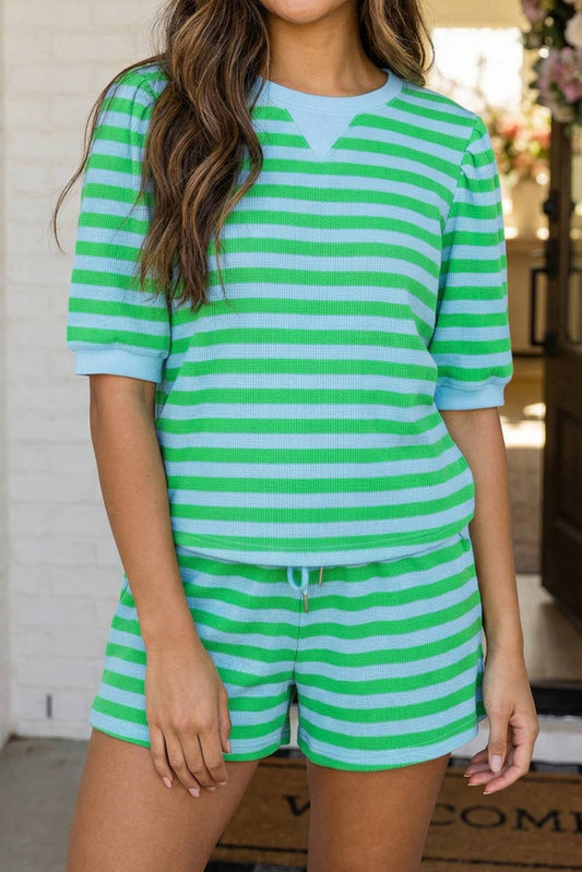 Stripe Puff Sleeve Shirt Matching Shorts Set