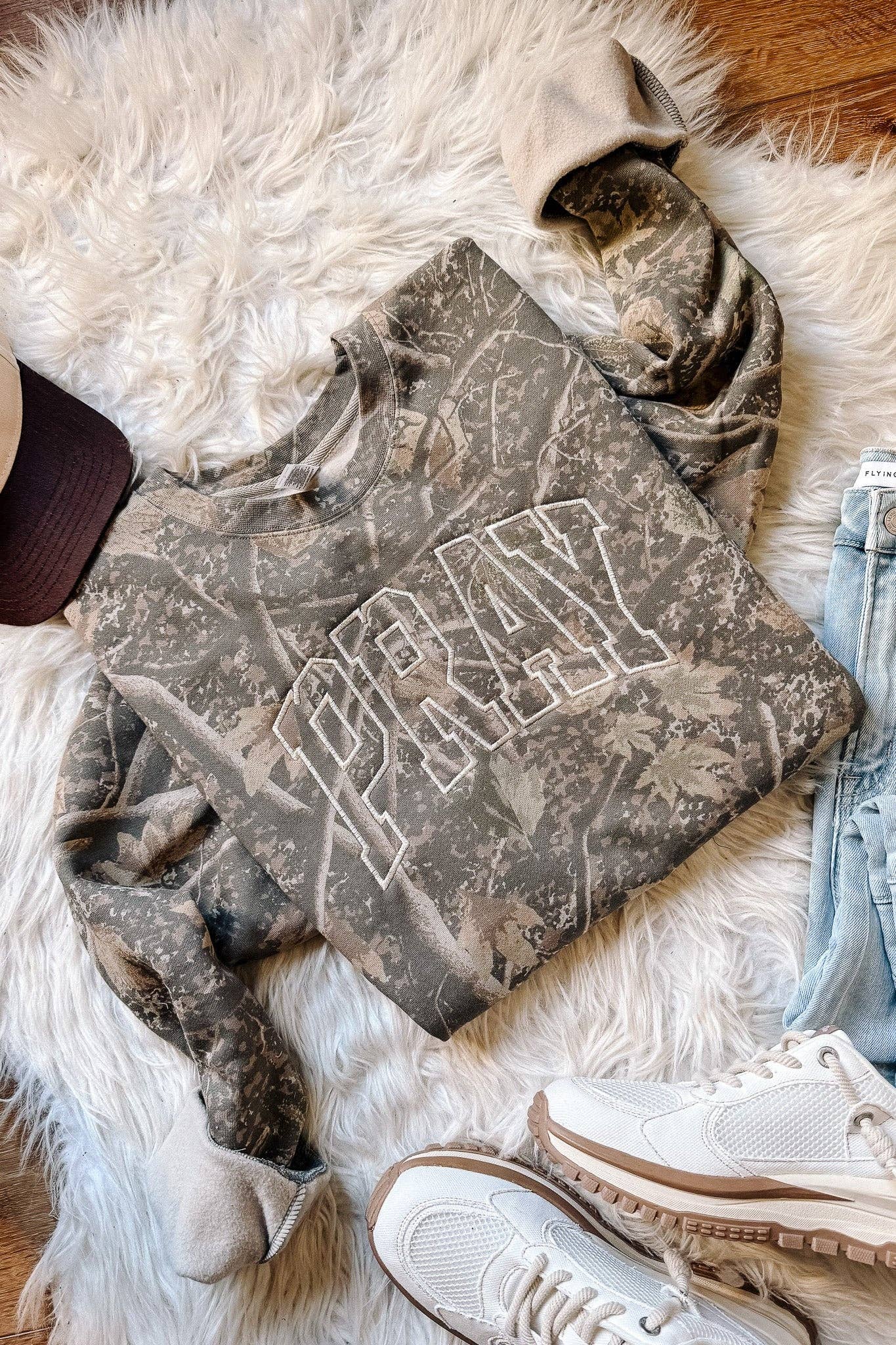 Pray Embroidered Camo Crewneck