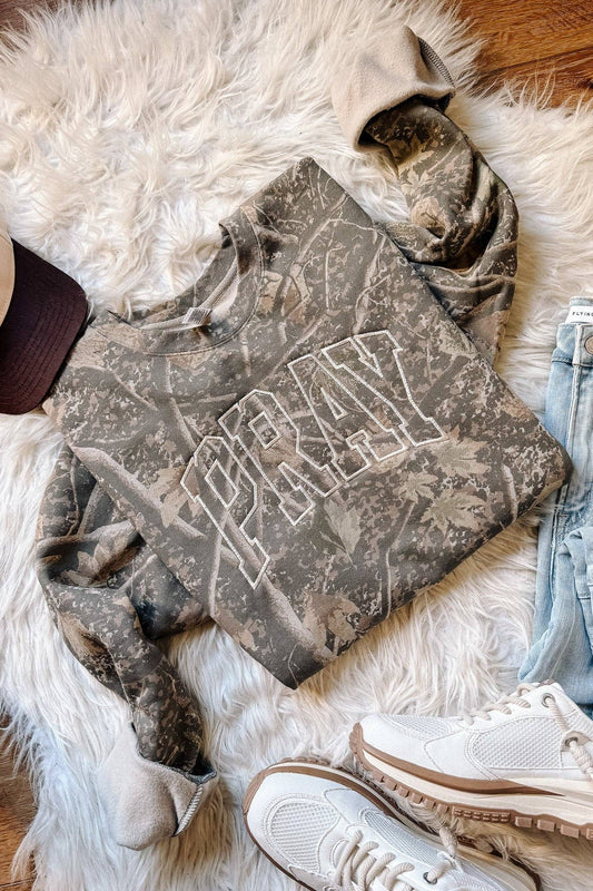Pray Embroidered Camo Crewneck