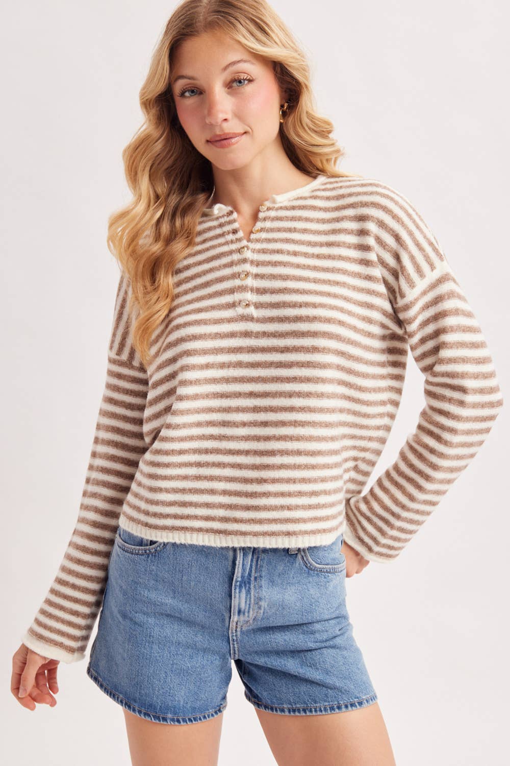 Brown Stripe Henley Knit Pullover