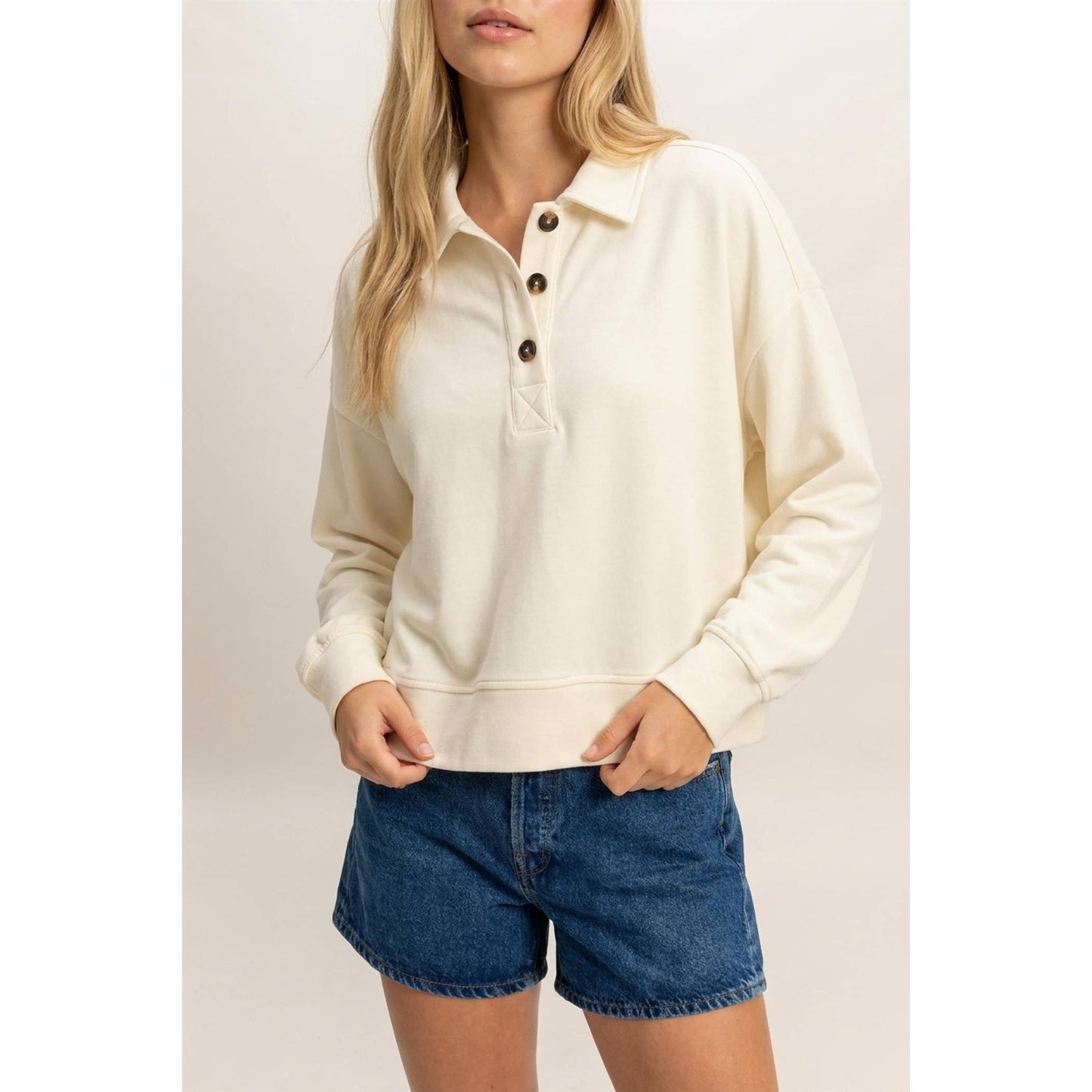 Button Front Collared Cream Sweatshirt